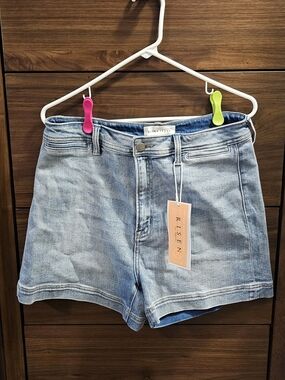 Risen High-Rise Light Wash Denim Shorts